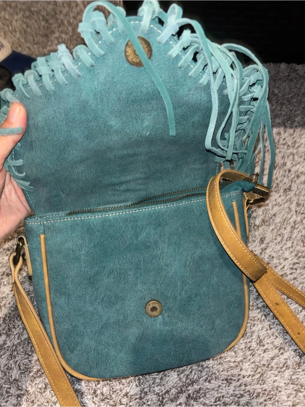 Wrangler Teal and Tan Fringe Crossbody Bag with Haircalf Accent